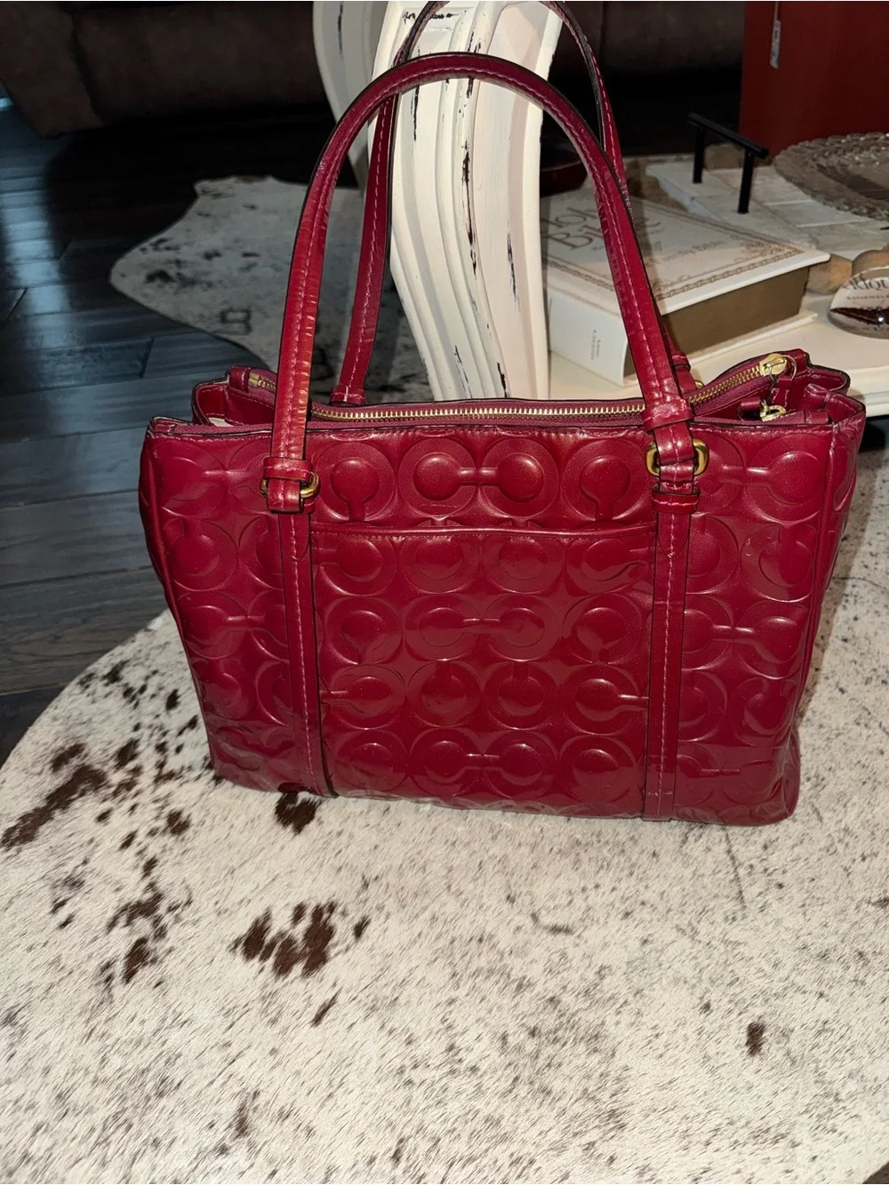Vintage Coach Peyton Burgundy Patent Leather  Op Art Embossed Bag